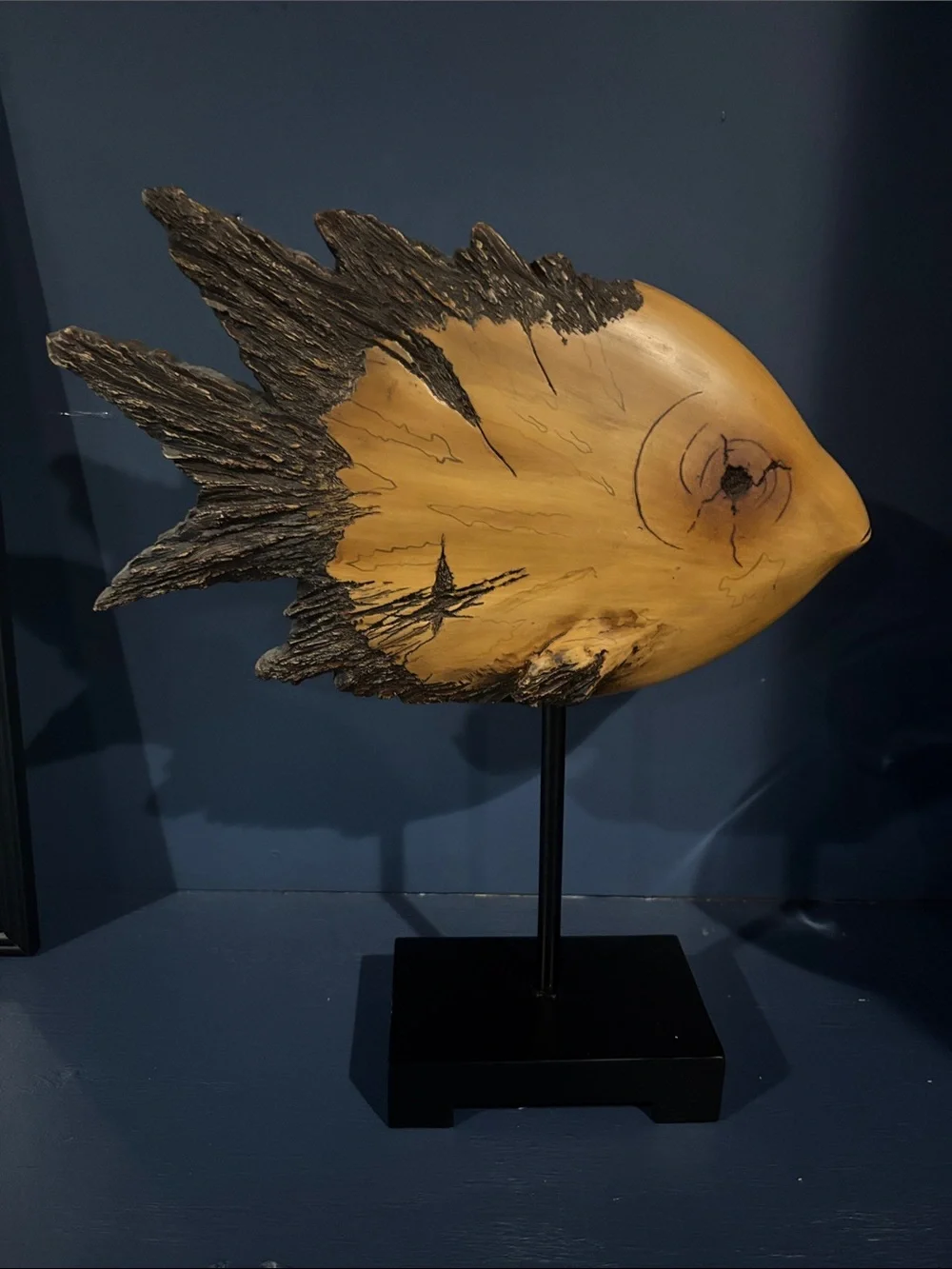 Handcrafted Wood Fish Sculpture - Natural Brown & Dark Charcoal